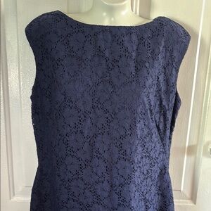 Chaps Blue Sleeveless Sheath Dress with Lace Overlay